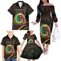Personalised Vanuatu Family Matching Off The Shoulder Long Sleeve Dress and Hawaiian Shirt Yumi 45th Hapi Independens Dei - Black Version LT14 - Polynesian Pride