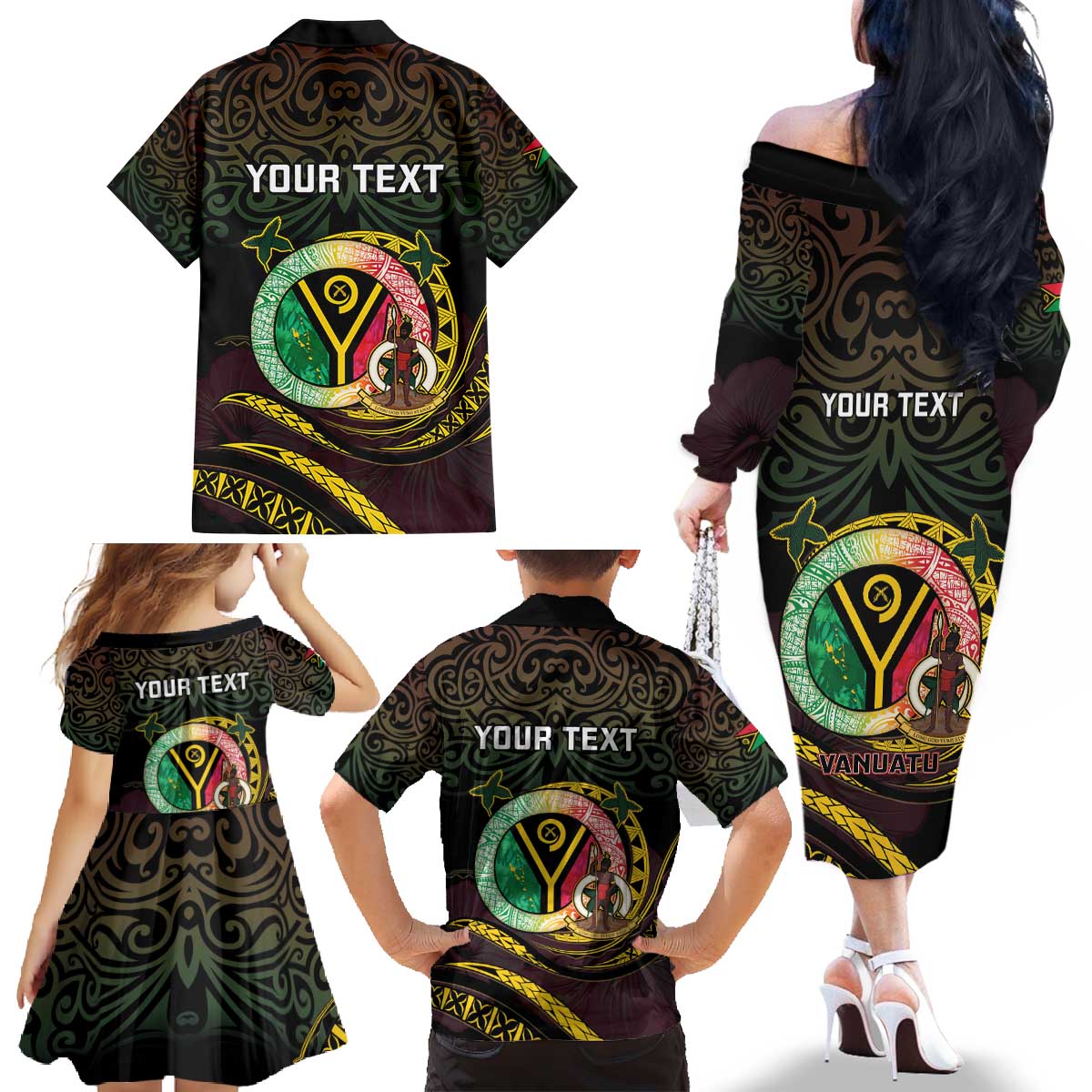 Personalised Vanuatu Family Matching Off The Shoulder Long Sleeve Dress and Hawaiian Shirt Yumi 45th Hapi Independens Dei - Black Version LT14 - Polynesian Pride