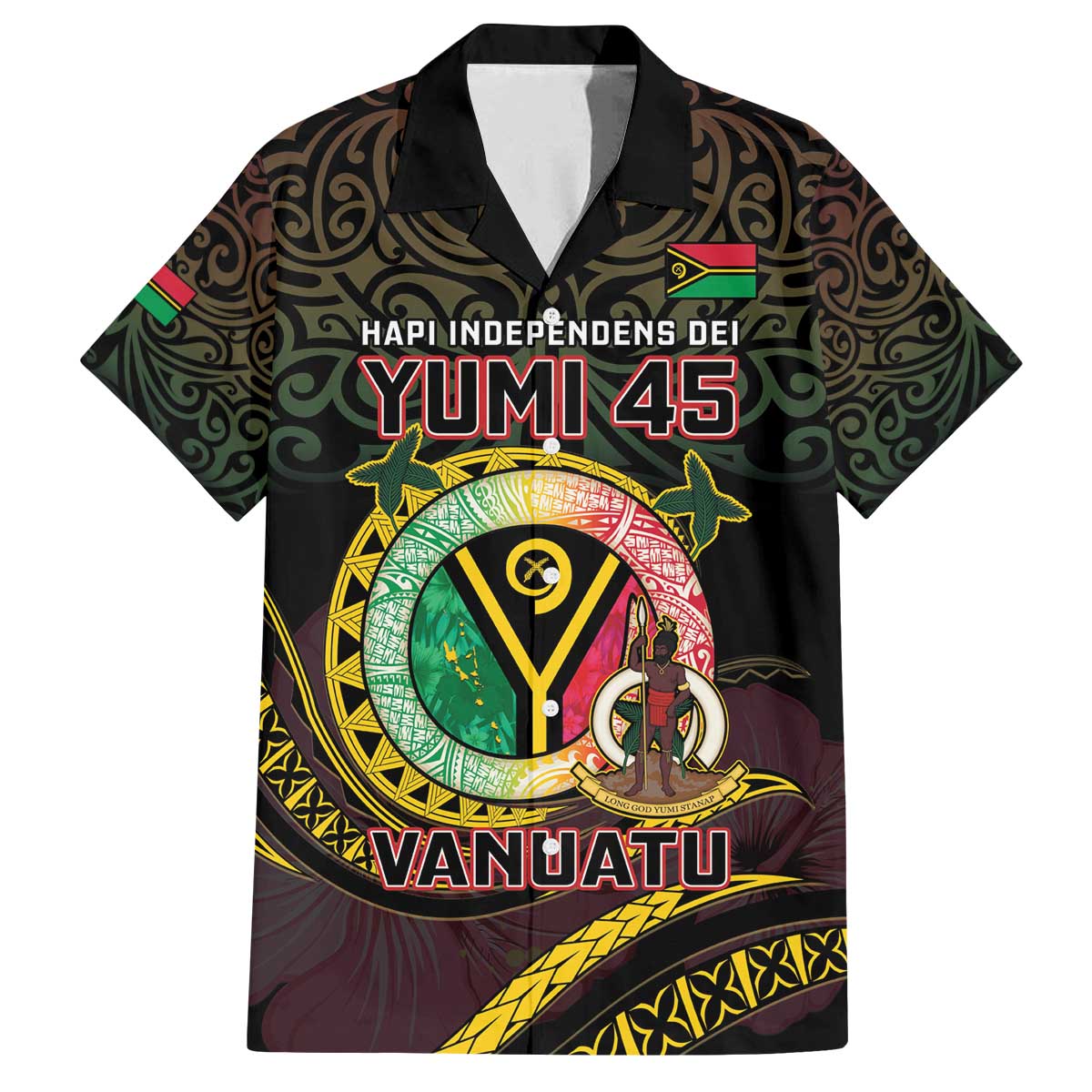 Personalised Vanuatu Family Matching Off The Shoulder Long Sleeve Dress and Hawaiian Shirt Yumi 45th Hapi Independens Dei - Black Version LT14 Dad's Shirt - Short Sleeve Black - Polynesian Pride