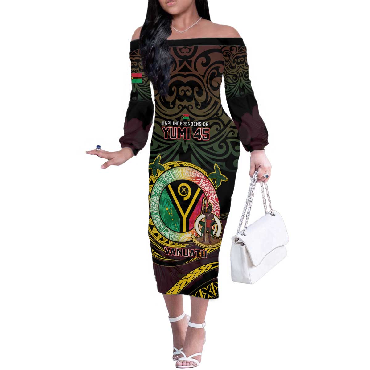 Personalised Vanuatu Family Matching Off The Shoulder Long Sleeve Dress and Hawaiian Shirt Yumi 45th Hapi Independens Dei - Black Version LT14 Mom's Dress Black - Polynesian Pride