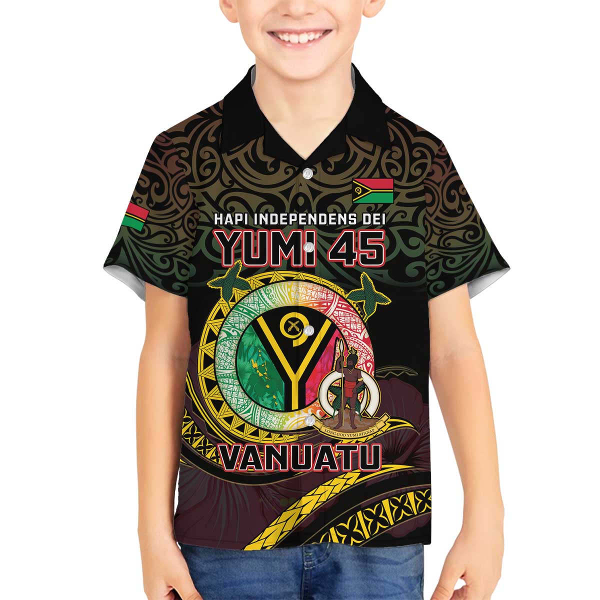 Personalised Vanuatu Family Matching Off The Shoulder Long Sleeve Dress and Hawaiian Shirt Yumi 45th Hapi Independens Dei - Black Version LT14 Son's Shirt Black - Polynesian Pride