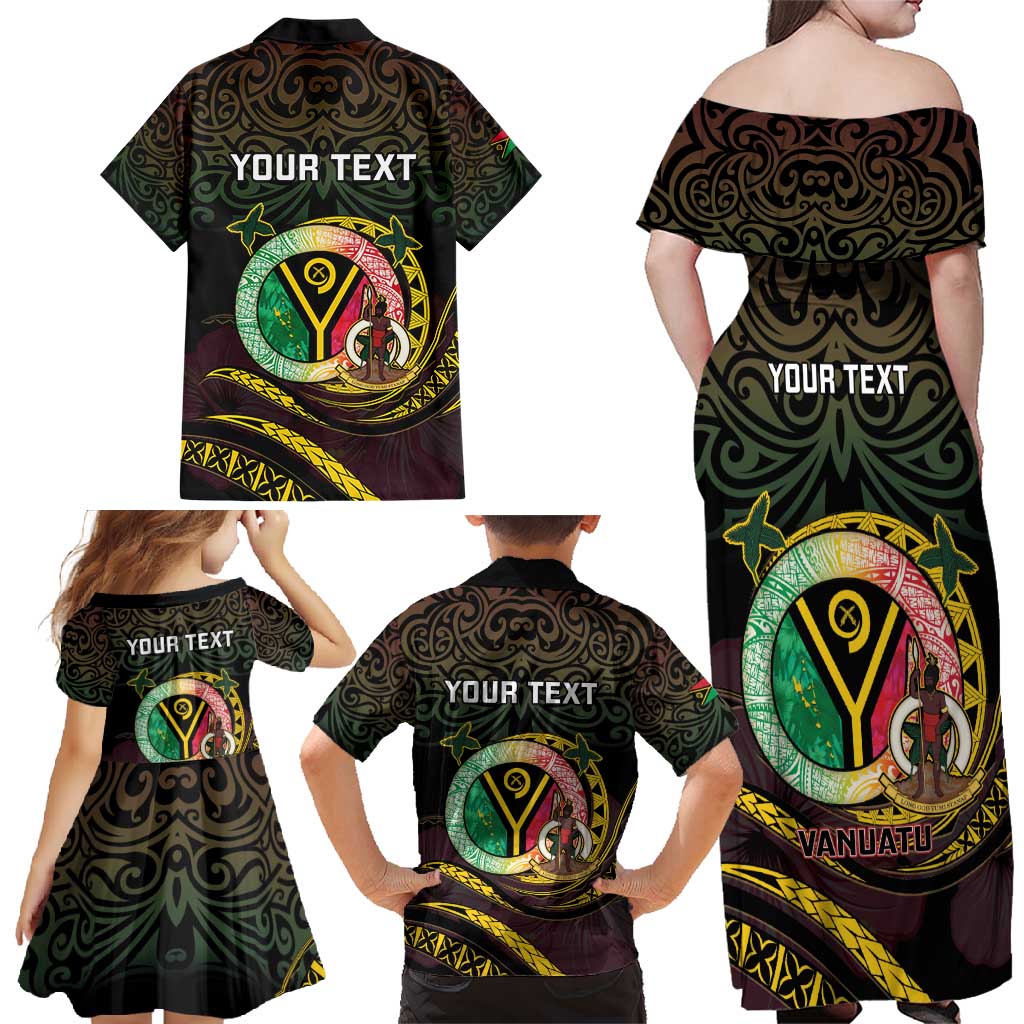 Personalised Vanuatu Family Matching Off Shoulder Maxi Dress and Hawaiian Shirt Yumi 45th Hapi Independens Dei - Black Version LT14