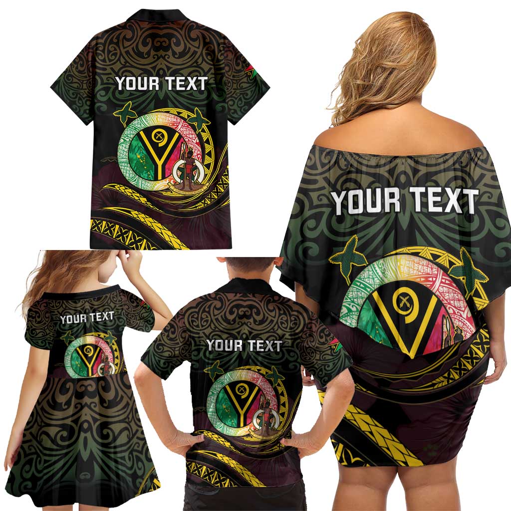 Personalised Vanuatu Family Matching Off Shoulder Short Dress and Hawaiian Shirt Yumi 45th Hapi Independens Dei - Black Version LT14