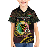 Personalised Vanuatu Family Matching Off Shoulder Short Dress and Hawaiian Shirt Yumi 45th Hapi Independens Dei - Black Version LT14