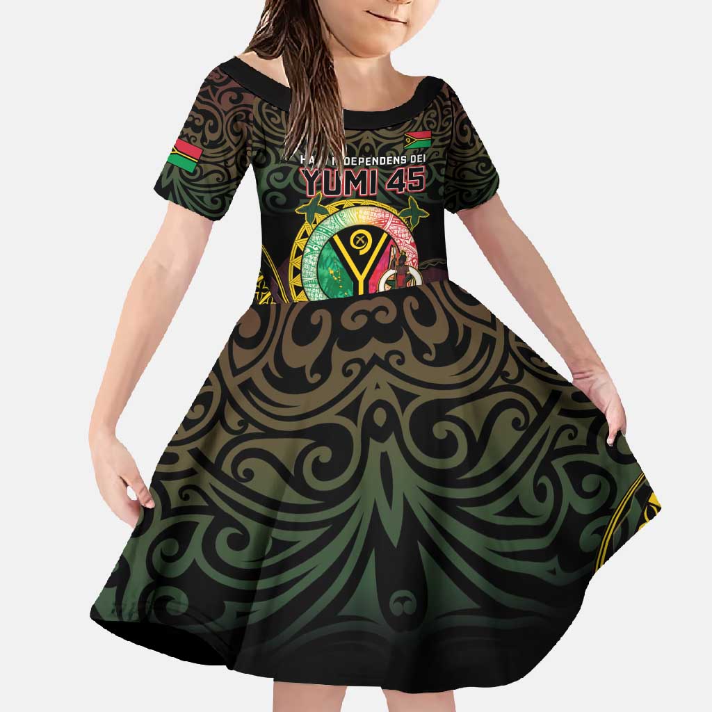 Personalised Vanuatu Family Matching Short Sleeve Bodycon Dress and Hawaiian Shirt Yumi 45th Hapi Independens Dei - Black Version LT14 Daughter's Dress Black - Polynesian Pride
