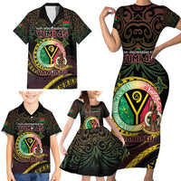 Personalised Vanuatu Family Matching Short Sleeve Bodycon Dress and Hawaiian Shirt Yumi 45th Hapi Independens Dei - Black Version LT14 - Polynesian Pride
