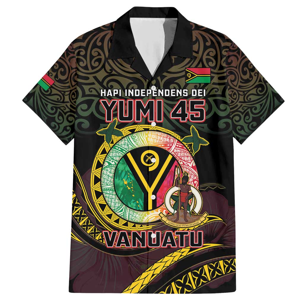 Personalised Vanuatu Family Matching Short Sleeve Bodycon Dress and Hawaiian Shirt Yumi 45th Hapi Independens Dei - Black Version LT14 Dad's Shirt - Short Sleeve Black - Polynesian Pride