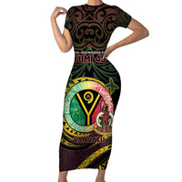 Personalised Vanuatu Family Matching Short Sleeve Bodycon Dress and Hawaiian Shirt Yumi 45th Hapi Independens Dei - Black Version LT14 Mom's Dress Black - Polynesian Pride