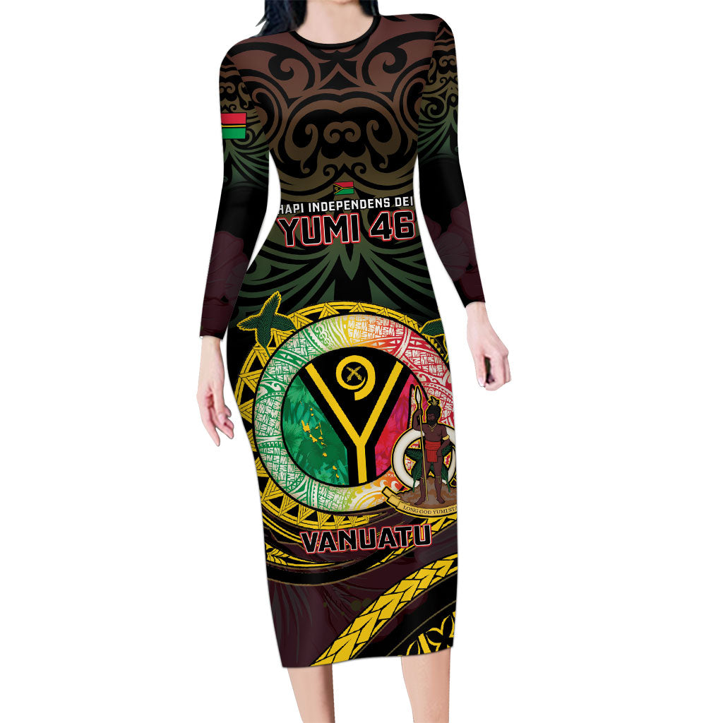 Personalised Vanuatu Long Sleeve Bodycon Dress Yumi 46th Hapi Independens Dei - Black Version LT14 Long Dress Black - Polynesian Pride