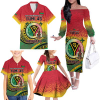 Personalised Vanuatu Family Matching Off The Shoulder Long Sleeve Dress and Hawaiian Shirt Yumi 45th Hapi Independens Dei - Reggae Version LT14 - Polynesian Pride