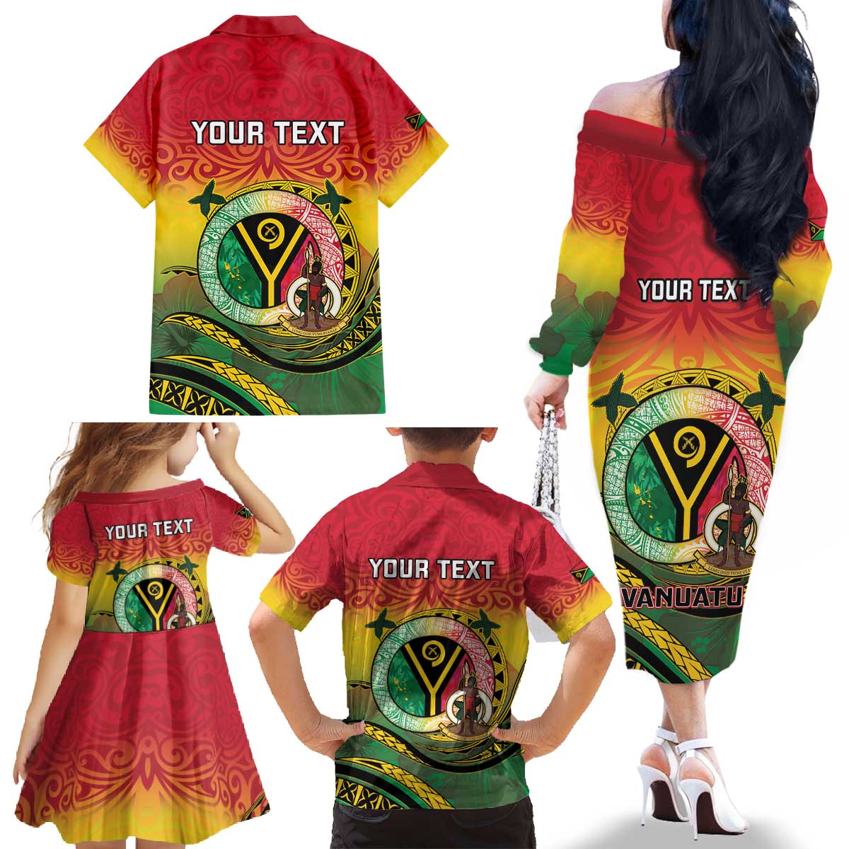 Personalised Vanuatu Family Matching Off The Shoulder Long Sleeve Dress and Hawaiian Shirt Yumi 45th Hapi Independens Dei - Reggae Version LT14 - Polynesian Pride