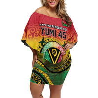 Personalised Vanuatu Family Matching Off Shoulder Short Dress and Hawaiian Shirt Yumi 45th Hapi Independens Dei - Reggae Version LT14
