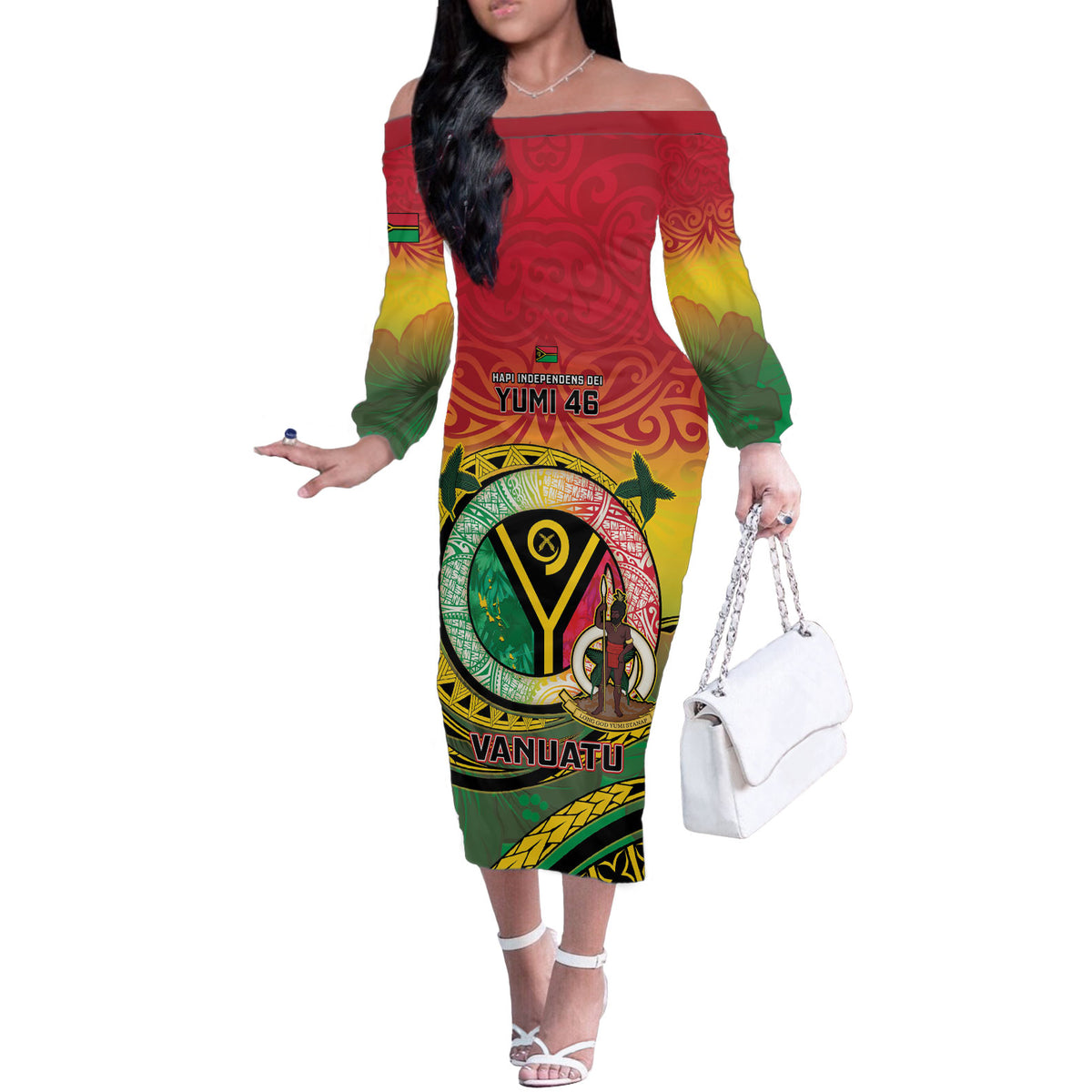 Personalised Vanuatu Off The Shoulder Long Sleeve Dress Yumi 46th Hapi Independens Dei - Reggae Version LT14 Women Reggae - Polynesian Pride