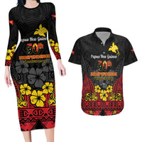 Papua New Guinea Independence Day Couples Matching Long Sleeve Bodycon Dress and Hawaiian Shirt PNG Bird of Paradise 50th Anniversary LT14 Black - Polynesian Pride