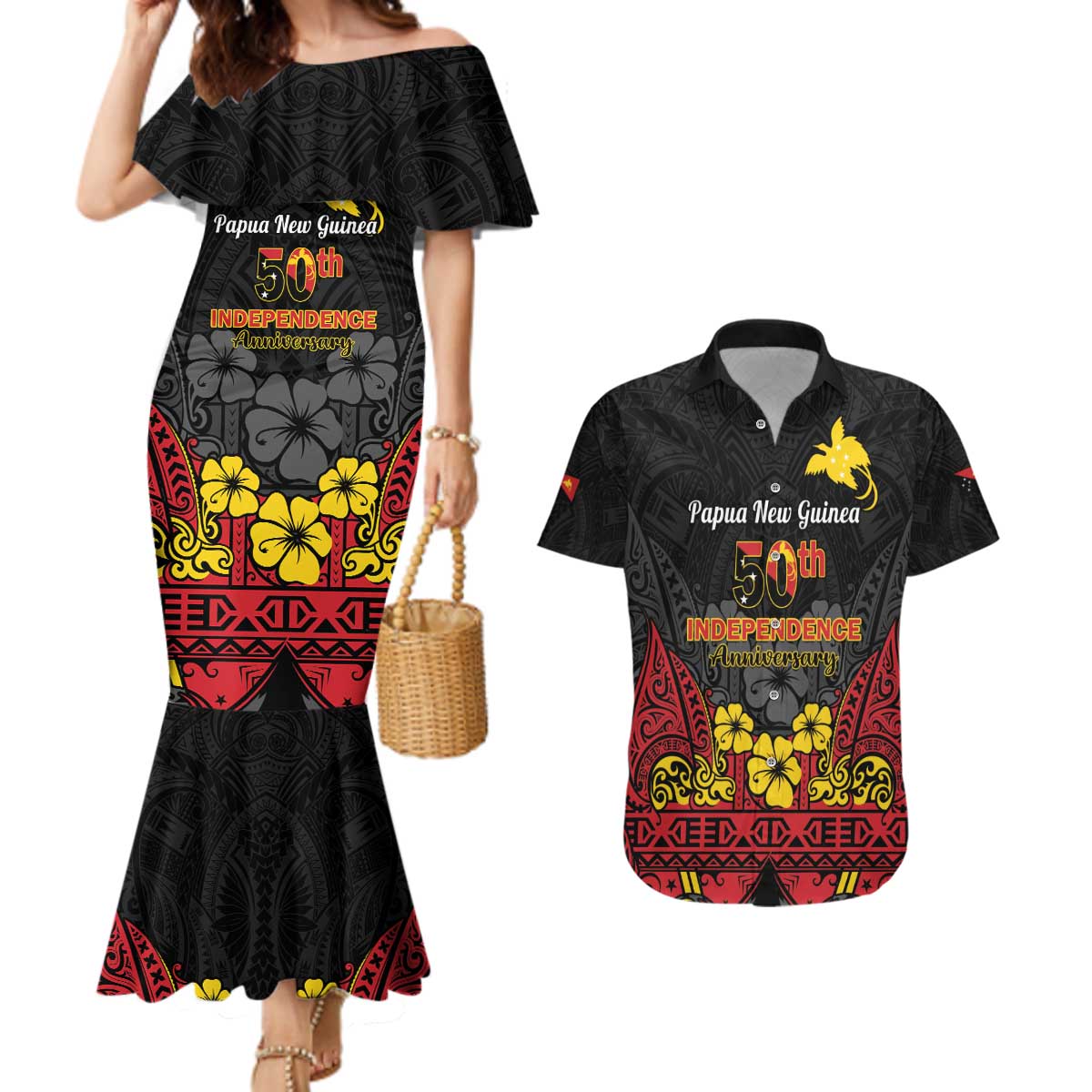 Papua New Guinea Independence Day Couples Matching Mermaid Dress and Hawaiian Shirt PNG Bird of Paradise 50th Anniversary LT14
