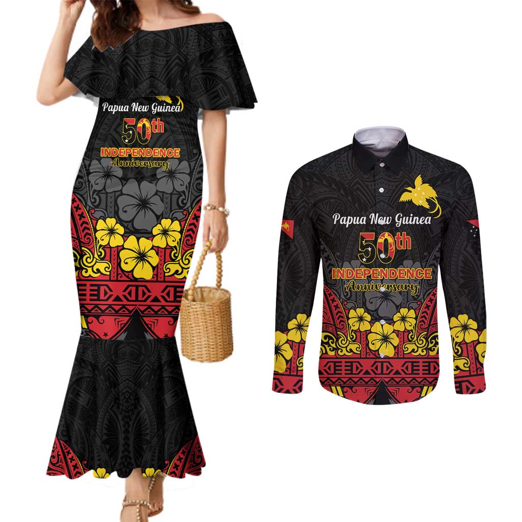 Papua New Guinea Independence Day Couples Matching Mermaid Dress and Long Sleeve Button Shirt PNG Bird of Paradise 50th Anniversary LT14 Black - Polynesian Pride