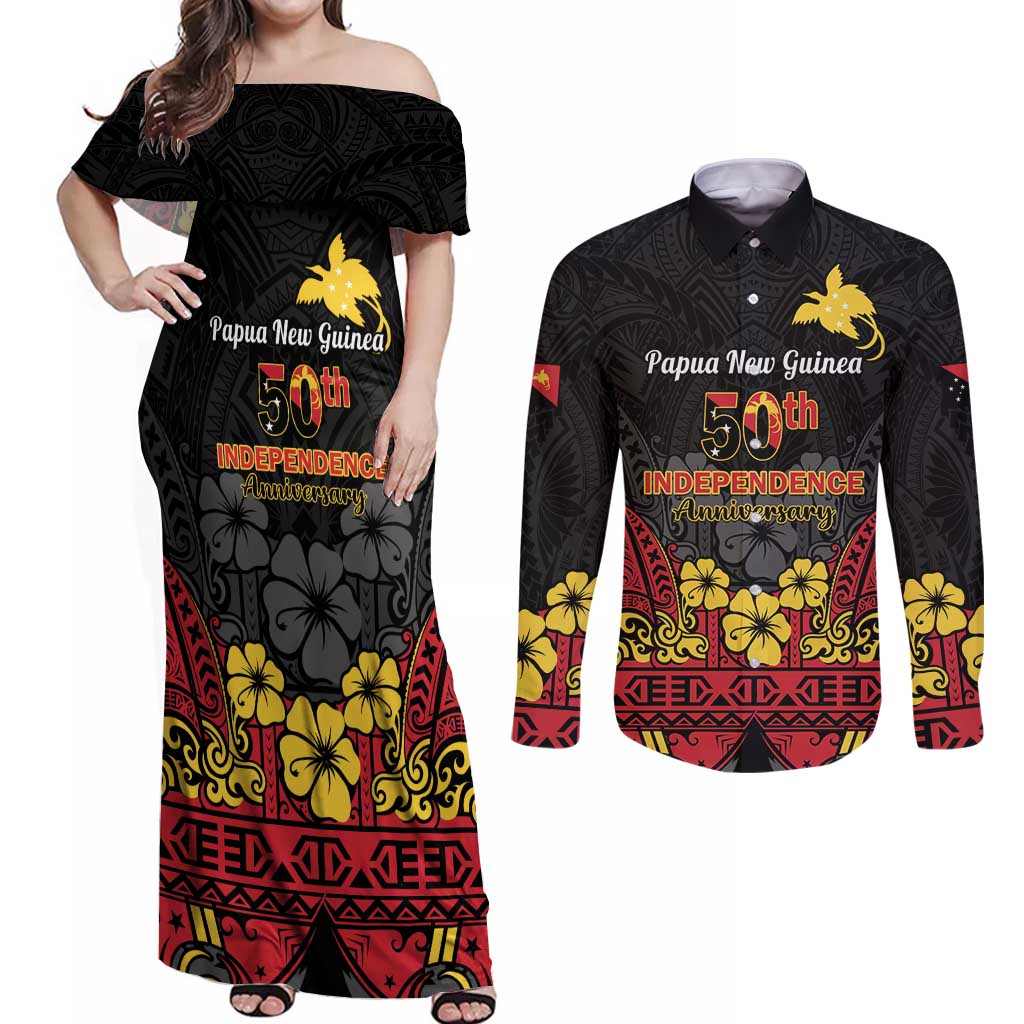 Papua New Guinea Independence Day Couples Matching Off Shoulder Maxi Dress and Long Sleeve Button Shirt PNG Bird of Paradise 50th Anniversary LT14 Black - Polynesian Pride