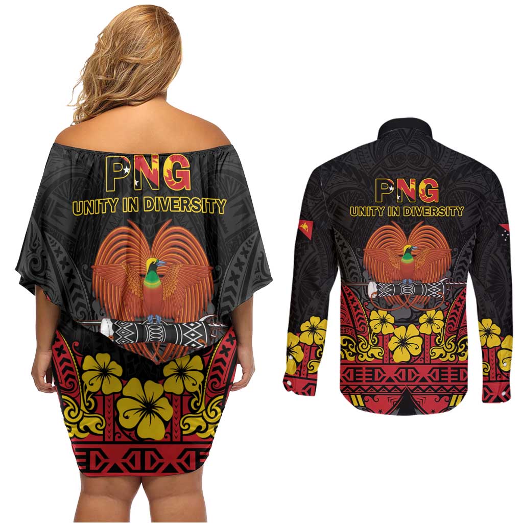 Papua New Guinea Independence Day Couples Matching Off Shoulder Short Dress and Long Sleeve Button Shirt PNG Bird of Paradise 50th Anniversary LT14 - Polynesian Pride
