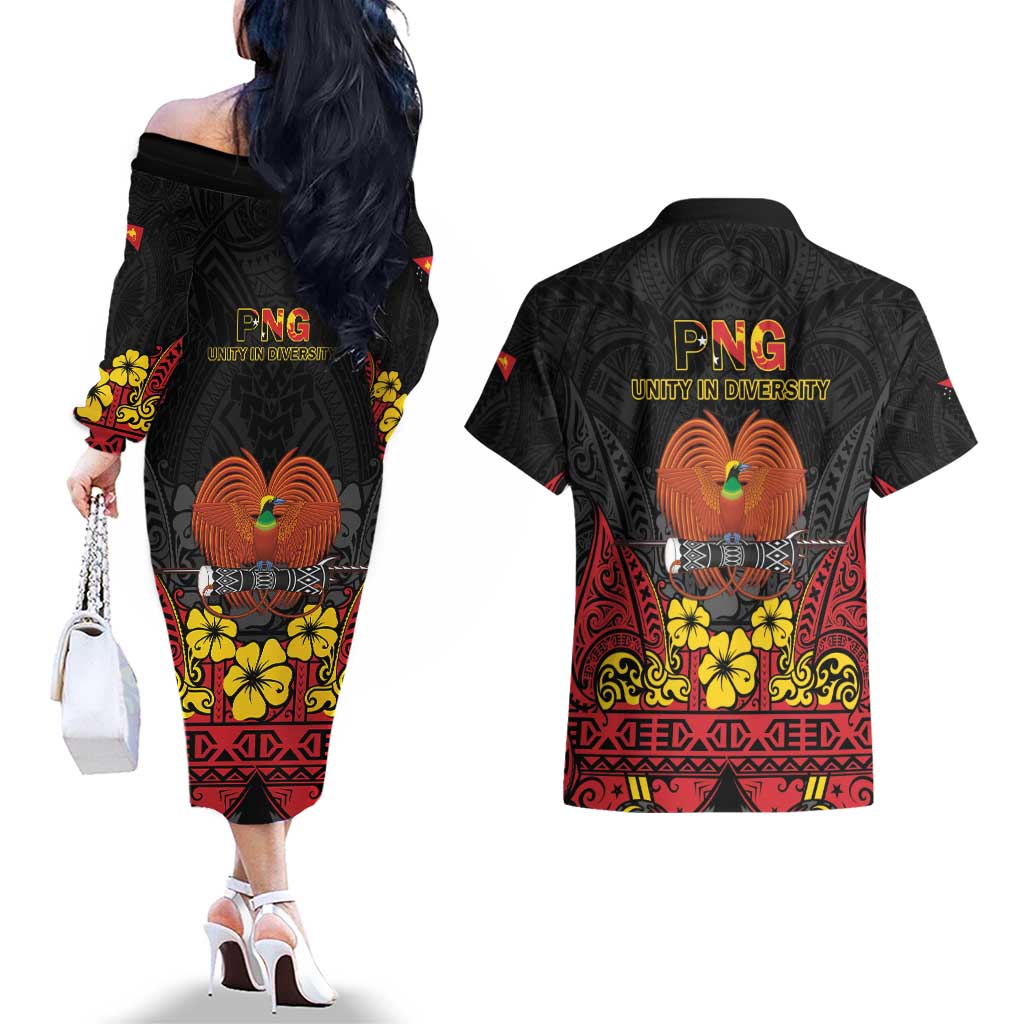 Papua New Guinea Independence Day Couples Matching Off The Shoulder Long Sleeve Dress and Hawaiian Shirt PNG Bird of Paradise 50th Anniversary LT14 - Polynesian Pride