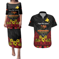 Papua New Guinea Independence Day Couples Matching Puletasi and Hawaiian Shirt PNG Bird of Paradise 50th Anniversary LT14 Black - Polynesian Pride