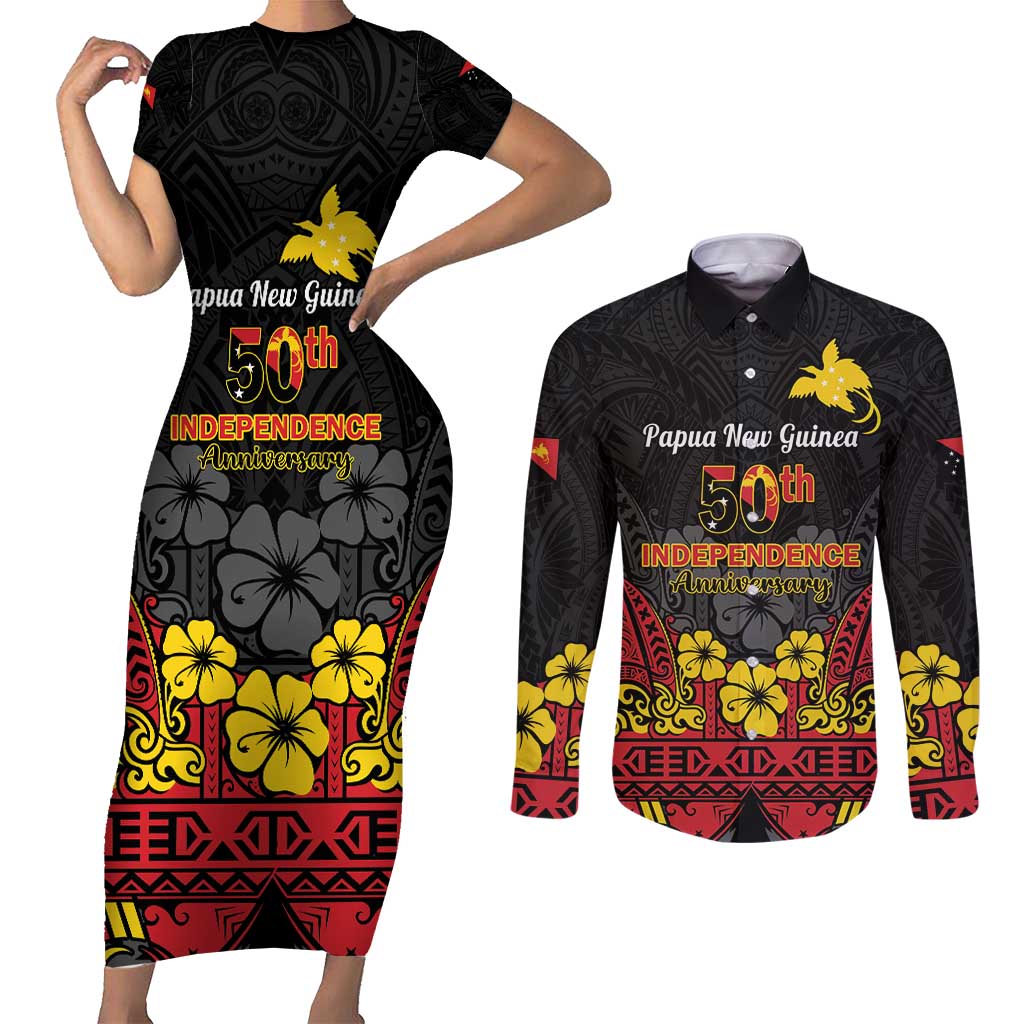 Papua New Guinea Independence Day Couples Matching Short Sleeve Bodycon Dress and Long Sleeve Button Shirt PNG Bird of Paradise 50th Anniversary LT14 Black - Polynesian Pride