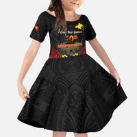 Papua New Guinea Independence Day Family Matching Off The Shoulder Long Sleeve Dress and Hawaiian Shirt PNG Bird of Paradise 50th Anniversary LT14 Daughter's Dress Black - Polynesian Pride