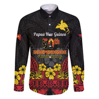 Papua New Guinea Independence Day Family Matching Puletasi and Hawaiian Shirt PNG Bird of Paradise 50th Anniversary LT14 Dad's Shirt - Long Sleeve Black - Polynesian Pride