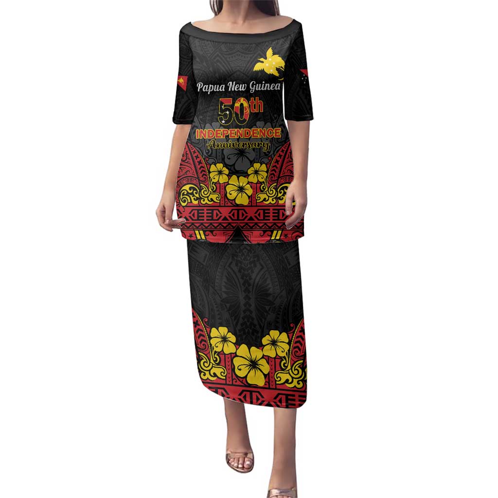 Papua New Guinea Independence Day Family Matching Puletasi and Hawaiian Shirt PNG Bird of Paradise 50th Anniversary LT14 Mom's Dress Black - Polynesian Pride