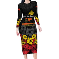 Papua New Guinea Independence Day Long Sleeve Bodycon Dress PNG Bird of Paradise 50th Anniversary LT14 Long Dress Black - Polynesian Pride