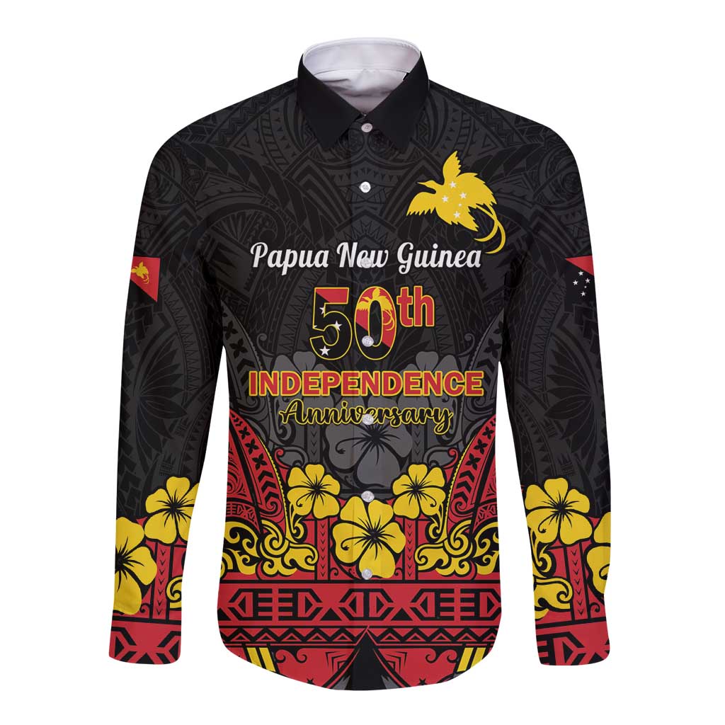 Papua New Guinea Independence Day Long Sleeve Button Shirt PNG Bird of Paradise 50th Anniversary LT14 Unisex Black - Polynesian Pride