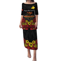 Papua New Guinea Independence Day Puletasi PNG Bird of Paradise 50th Anniversary LT14 Long Dress Black - Polynesian Pride