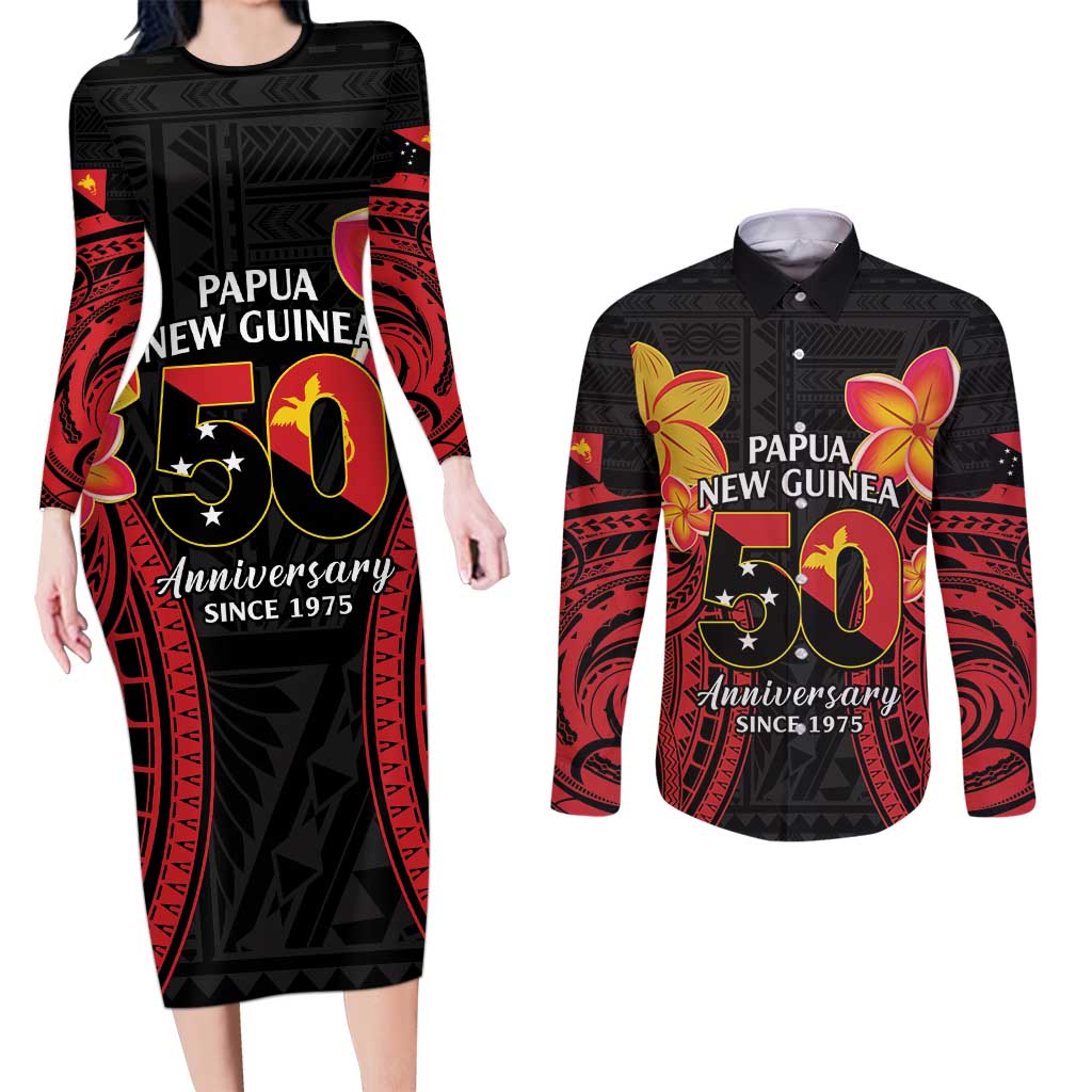Papua New Guinea Independence Day Couples Matching Long Sleeve Bodycon Dress and Long Sleeve Button Shirt PNG Since 1975 LT14 Black - Polynesian Pride