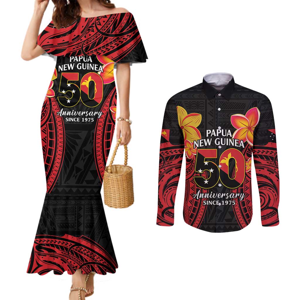 Papua New Guinea Independence Day Couples Matching Mermaid Dress and Long Sleeve Button Shirt PNG Since 1975 LT14 Black - Polynesian Pride