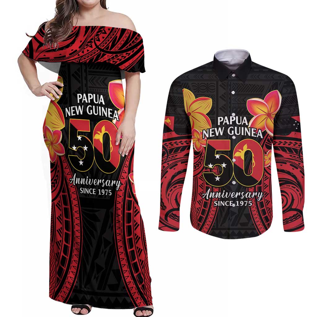 Papua New Guinea Independence Day Couples Matching Off Shoulder Maxi Dress and Long Sleeve Button Shirt PNG Since 1975 LT14 Black - Polynesian Pride