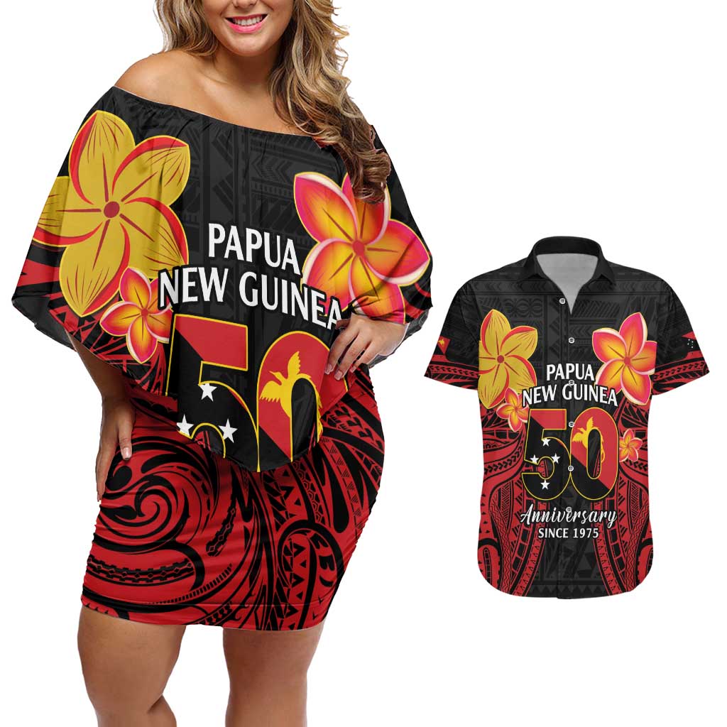 Papua New Guinea Independence Day Couples Matching Off Shoulder Short Dress and Hawaiian Shirt PNG Since 1975 LT14 Black - Polynesian Pride