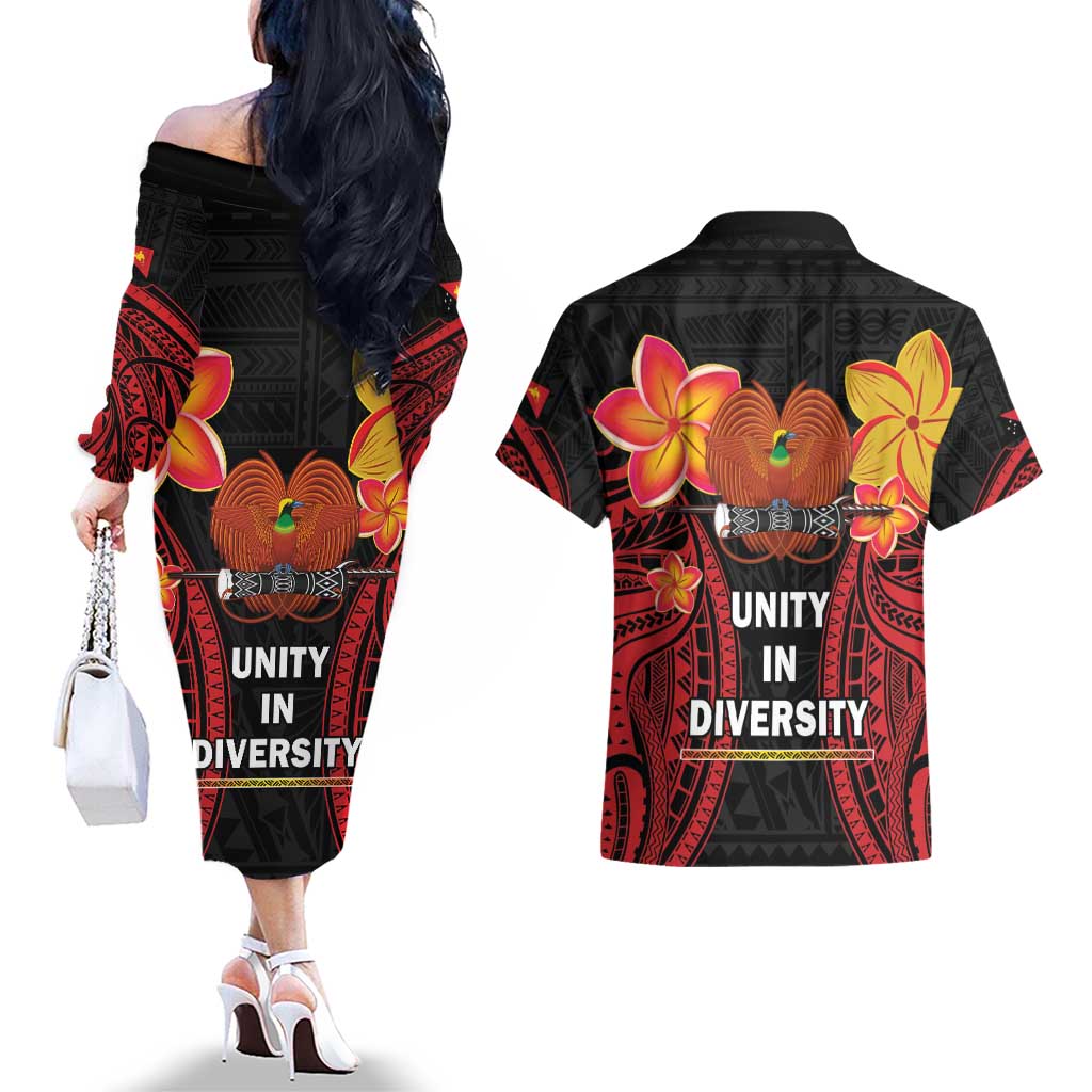 Papua New Guinea Independence Day Couples Matching Off The Shoulder Long Sleeve Dress and Hawaiian Shirt PNG Since 1975 LT14 - Polynesian Pride