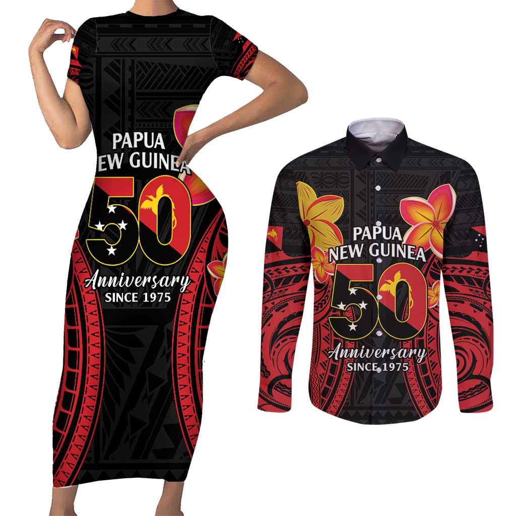 Papua New Guinea Independence Day Couples Matching Short Sleeve Bodycon Dress and Long Sleeve Button Shirt PNG Since 1975 LT14 Black - Polynesian Pride