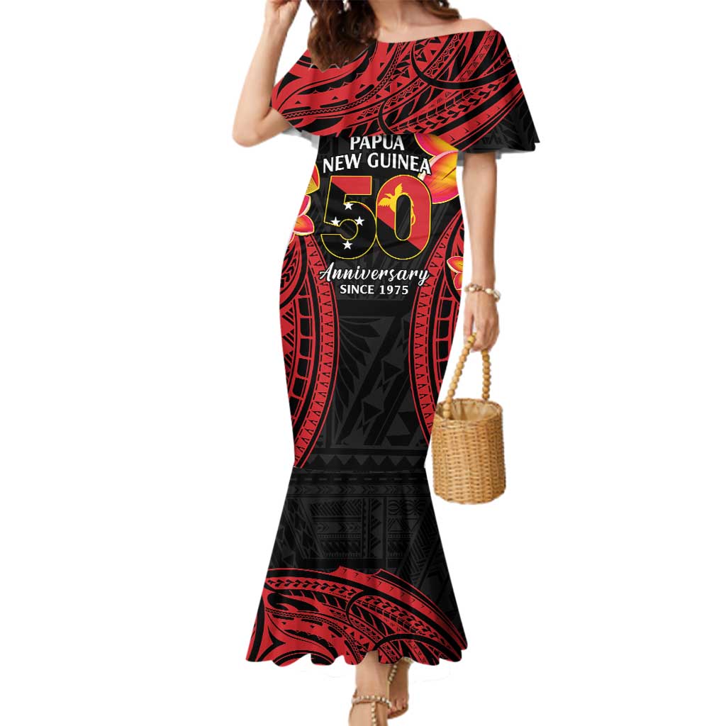 Papua New Guinea Independence Day Family Matching Mermaid Dress and Hawaiian Shirt PNG Since 1975 LT14 Mom's Dress Black - Polynesian Pride