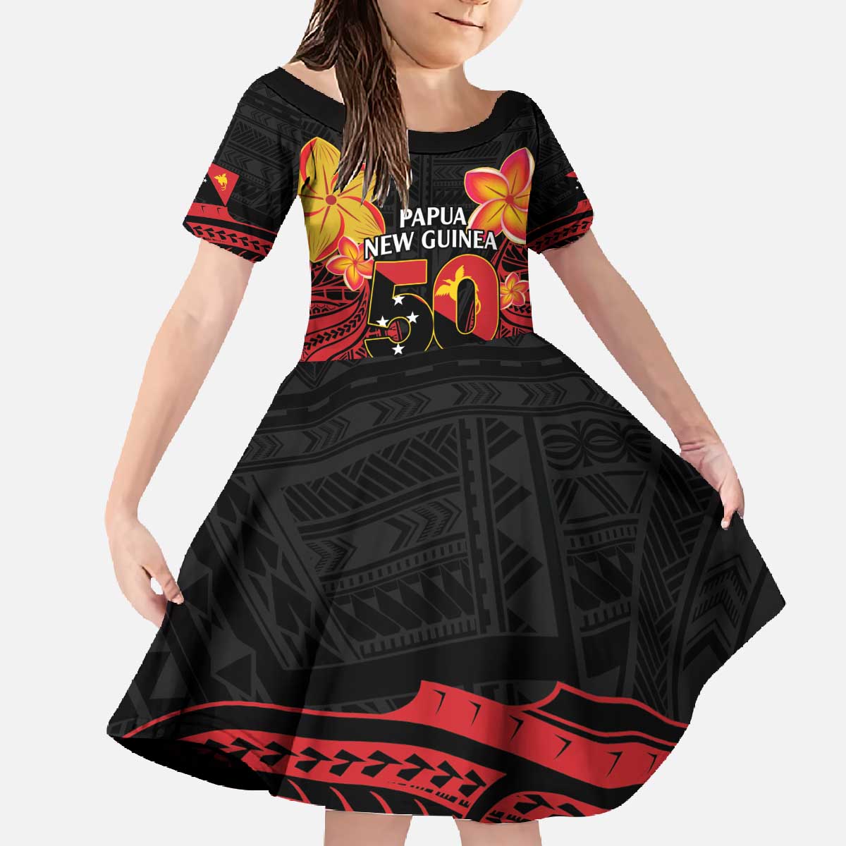 Papua New Guinea Independence Day Family Matching Off The Shoulder Long Sleeve Dress and Hawaiian Shirt PNG Since 1975 LT14 Daughter's Dress Black - Polynesian Pride