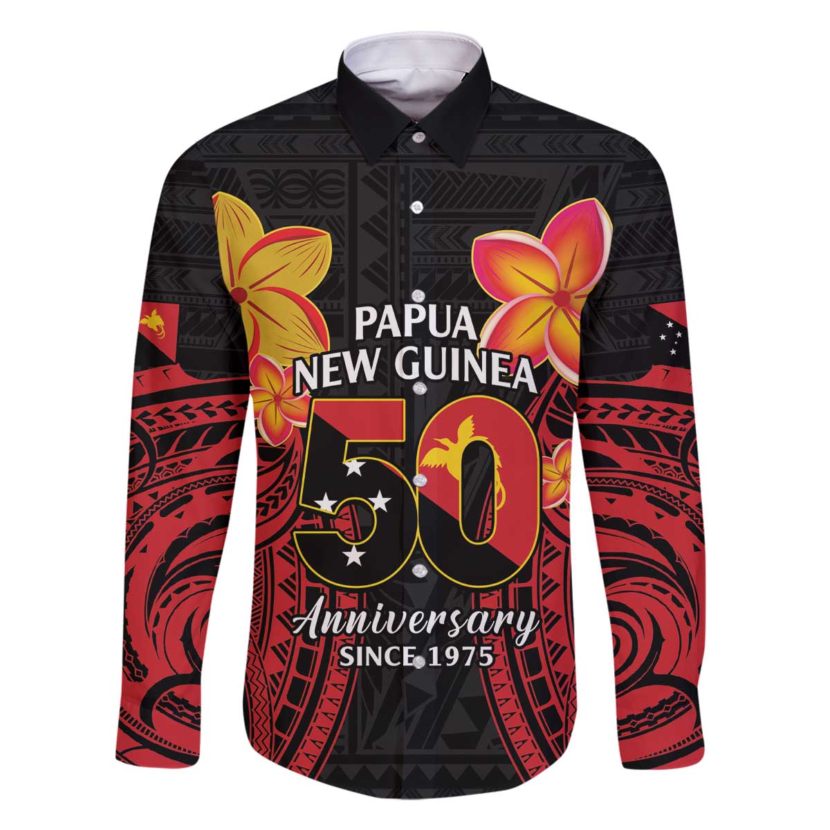 Papua New Guinea Independence Day Family Matching Off The Shoulder Long Sleeve Dress and Hawaiian Shirt PNG Since 1975 LT14 Dad's Shirt - Long Sleeve Black - Polynesian Pride
