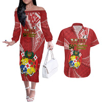 Personalised Tonga Independence Day Couples Matching Off The Shoulder Long Sleeve Dress and Hawaiian Shirt Happy 54th Independence Anniversary Ngatu Pattern LT14 Red - Polynesian Pride