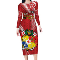 Personalised Tonga Independence Day Family Matching Long Sleeve Bodycon Dress and Hawaiian Shirt Happy 54th Independence Anniversary Ngatu Pattern LT14 Mom's Dress Red - Polynesian Pride
