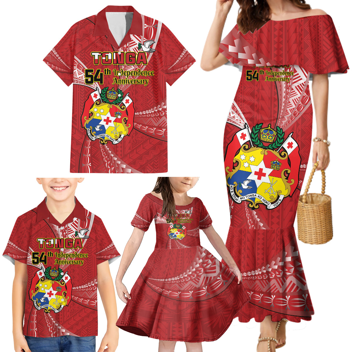 Personalised Tonga Independence Day Family Matching Mermaid Dress and Hawaiian Shirt Happy 54th Independence Anniversary Ngatu Pattern LT14 - Polynesian Pride