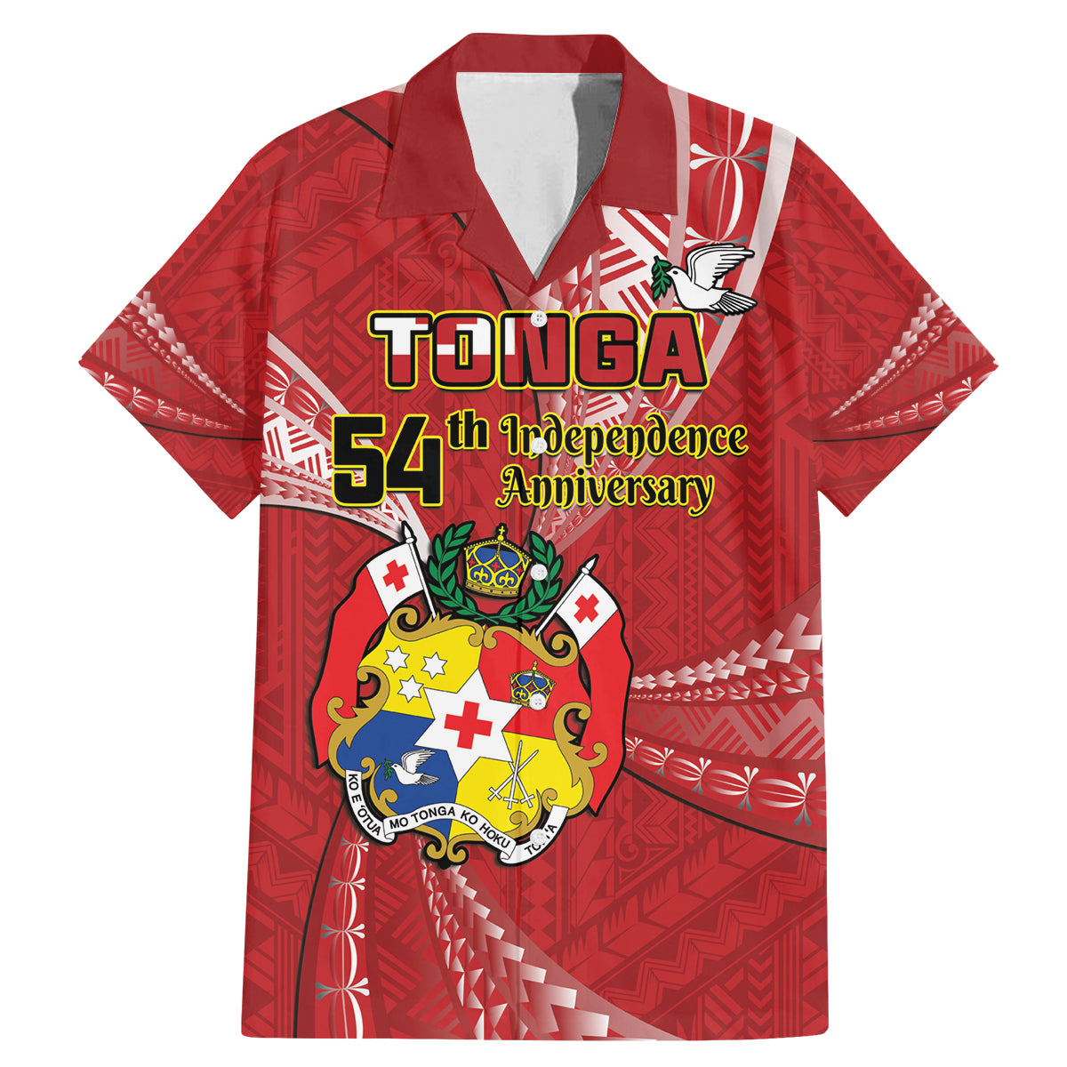 Personalised Tonga Independence Day Family Matching Mermaid Dress and Hawaiian Shirt Happy 54th Independence Anniversary Ngatu Pattern LT14 Dad's Shirt - Short Sleeve Red - Polynesian Pride