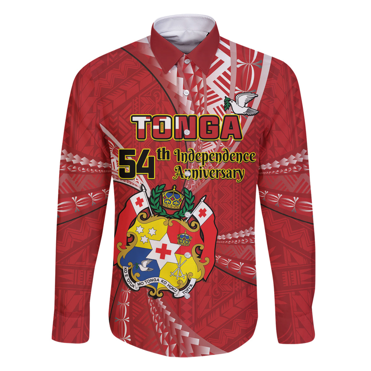 Personalised Tonga Independence Day Family Matching Mermaid Dress and Hawaiian Shirt Happy 54th Independence Anniversary Ngatu Pattern LT14 Dad's Shirt - Long Sleeve Red - Polynesian Pride