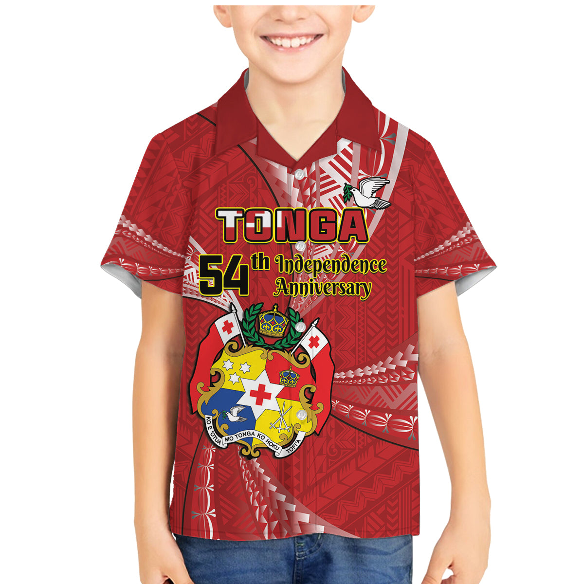 Personalised Tonga Independence Day Family Matching Mermaid Dress and Hawaiian Shirt Happy 54th Independence Anniversary Ngatu Pattern LT14 Son's Shirt Red - Polynesian Pride