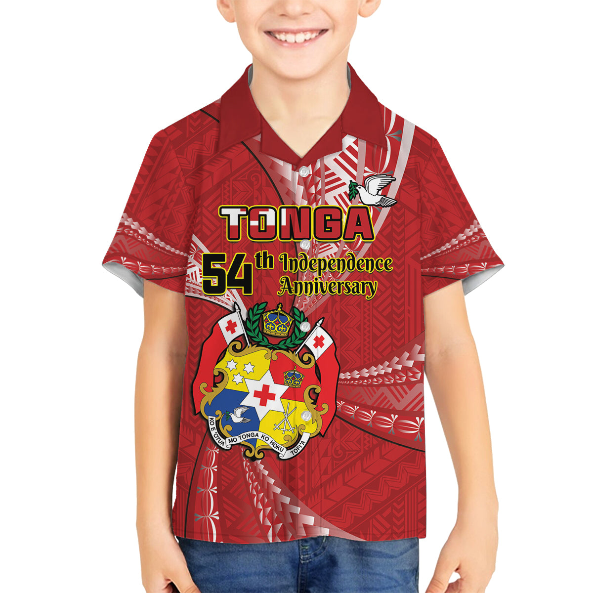 Personalised Tonga Independence Day Family Matching Off The Shoulder Long Sleeve Dress and Hawaiian Shirt Happy 54th Independence Anniversary Ngatu Pattern LT14 Son's Shirt Red - Polynesian Pride
