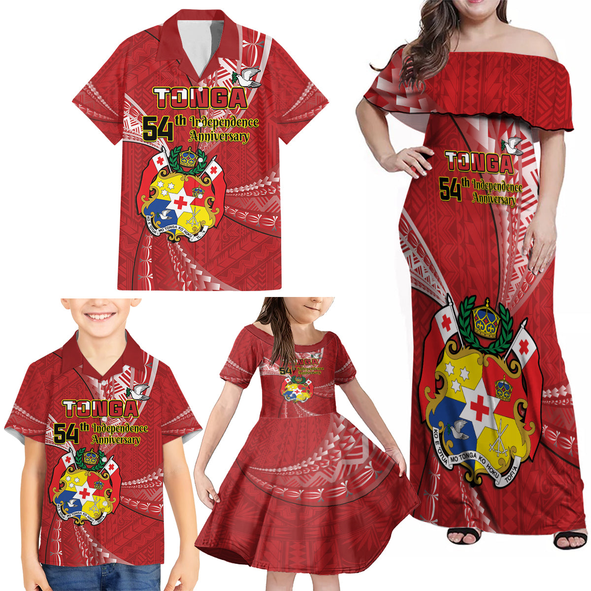 Personalised Tonga Independence Day Family Matching Off Shoulder Maxi Dress and Hawaiian Shirt Happy 54th Independence Anniversary Ngatu Pattern LT14 - Polynesian Pride