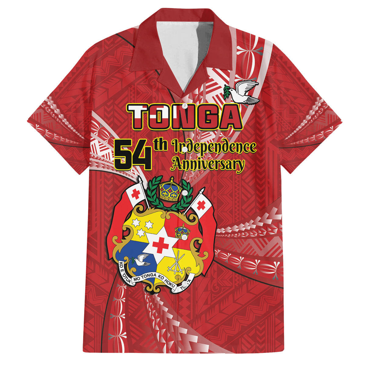 Personalised Tonga Independence Day Family Matching Off Shoulder Maxi Dress and Hawaiian Shirt Happy 54th Independence Anniversary Ngatu Pattern LT14 Dad's Shirt - Short Sleeve Red - Polynesian Pride