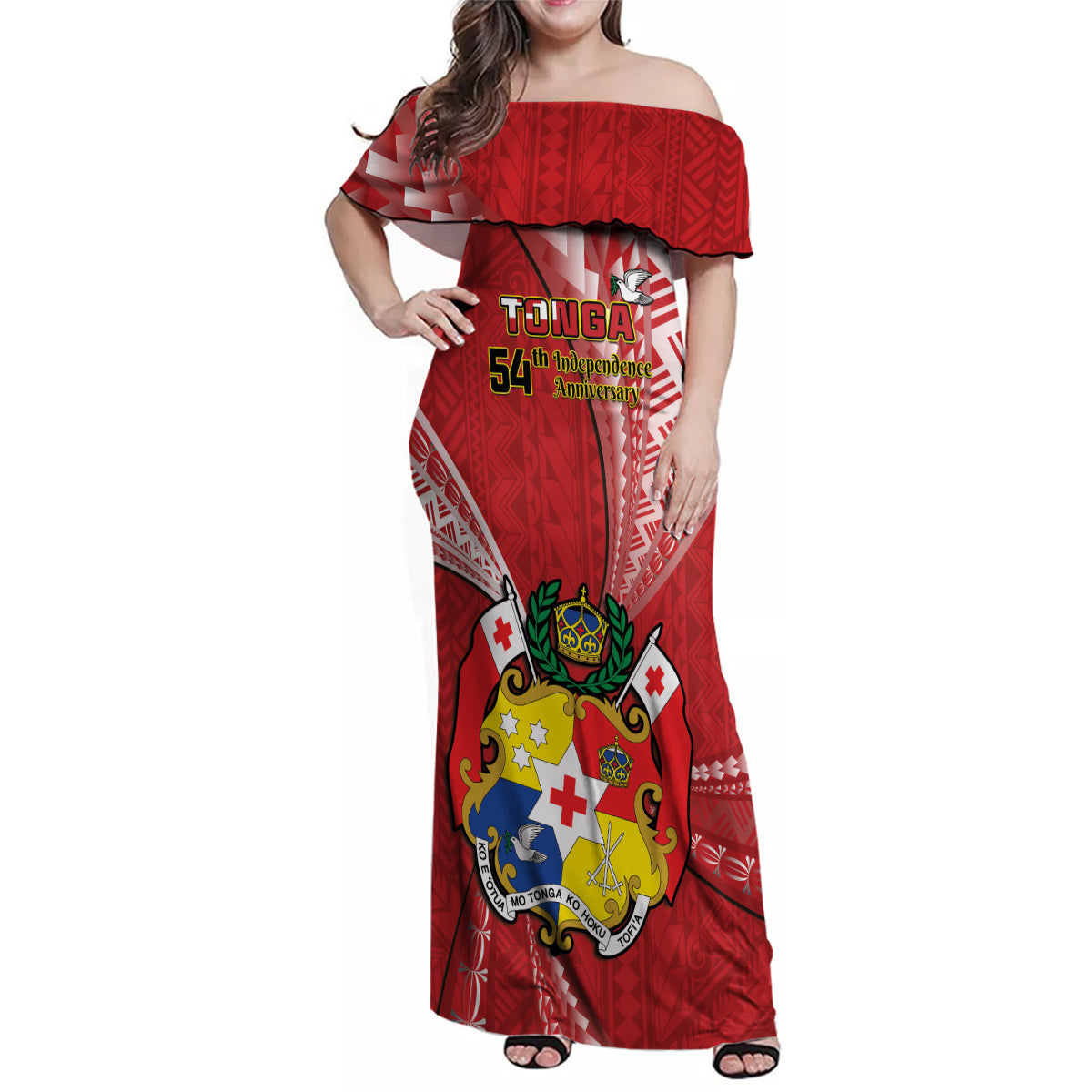 Personalised Tonga Independence Day Family Matching Off Shoulder Maxi Dress and Hawaiian Shirt Happy 54th Independence Anniversary Ngatu Pattern LT14 Mom's Dress Red - Polynesian Pride
